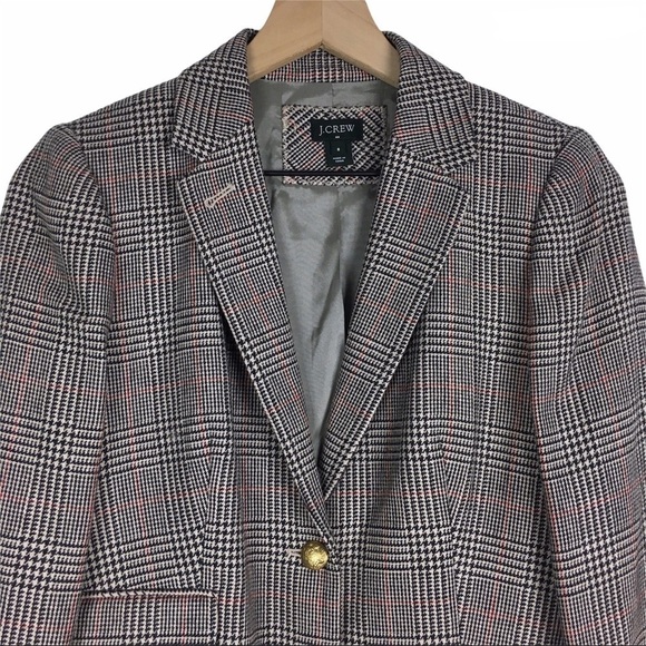 J CREW Jacket Blazer Wool Glen Plaid Houndstooth Check Brown Beige Red Size 8 - Picture 2 of 12